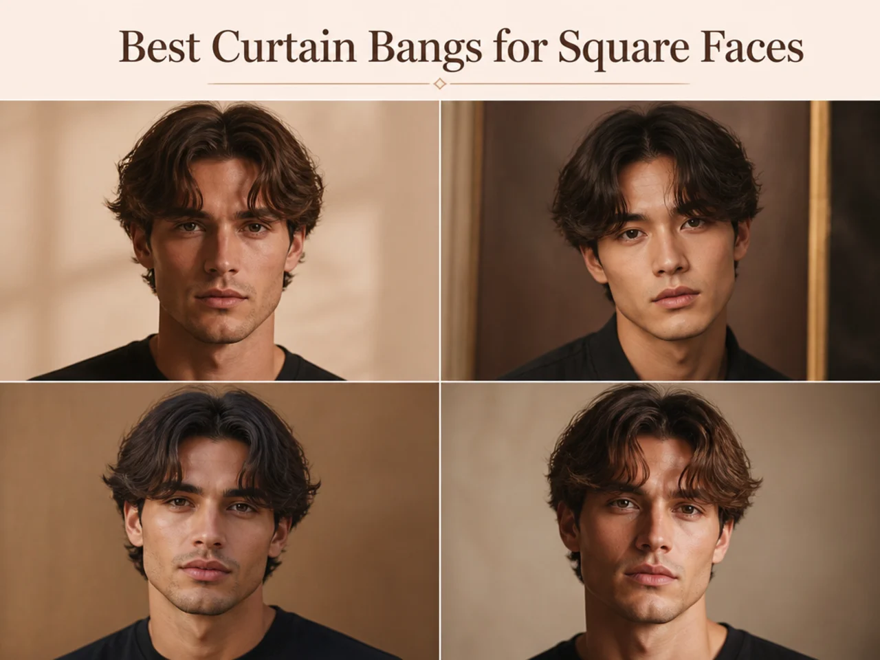 Square-faced young man wearing soft-feathered curtain bangs — airy layered fringe softening the strong jawline