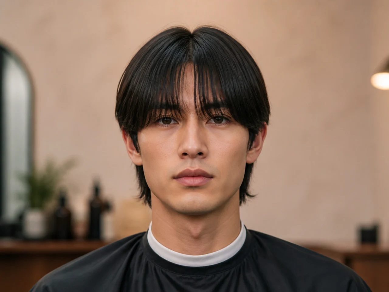 Blunt-ended curtain bangs on a long-faced young man with straight dark hair — dense fringe with a straight horizontal line at the bottom edge instead of a tapered end