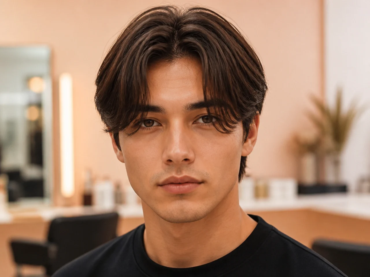 Classic four-inch curtain bangs on a young oval-faced man with dark brown straight hair — two even panels tapering from brow to cheekbone