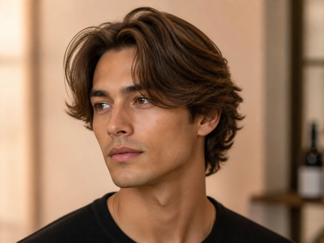 Feathered wide-set curtain bangs on a diamond-faced young man with medium-brown hair — layered panels with visible feathering set wider apart from a broader center part