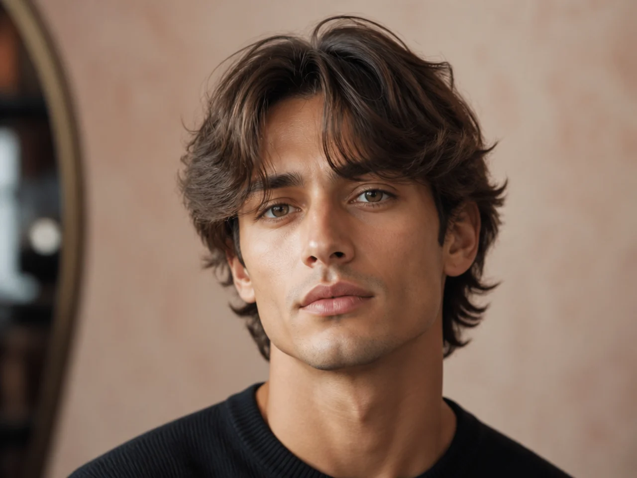 Flow-cut feathered curtain bangs on an oval-faced young man with medium-brown wavy hair — layered fringe blending into feathered length swept back at the sides
