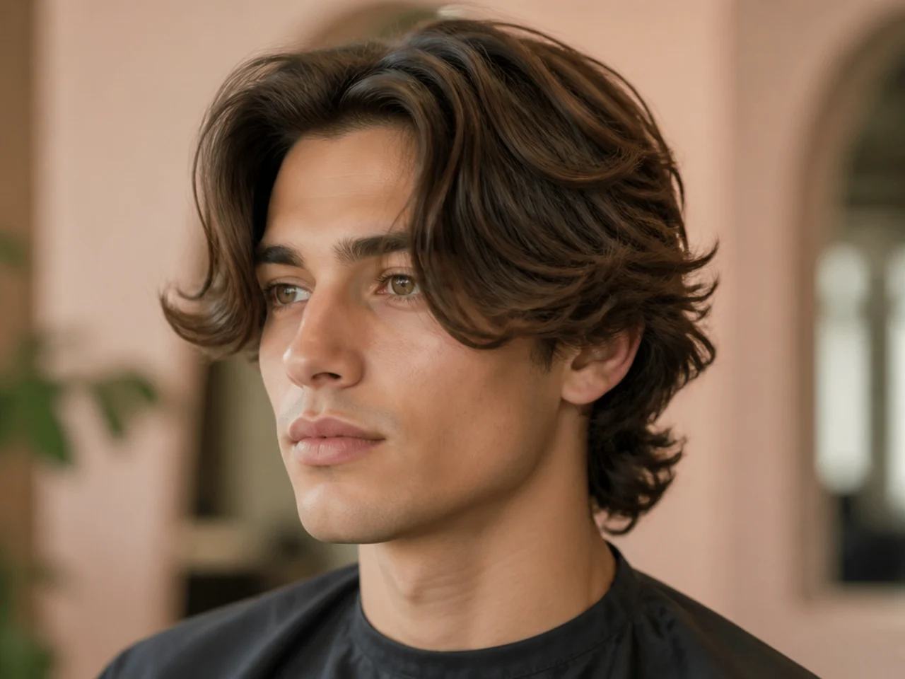 Full cheek-grazing curtain bangs on a heart-faced young man with thick brown hair — dense five-inch panels ending at the cheekbones
