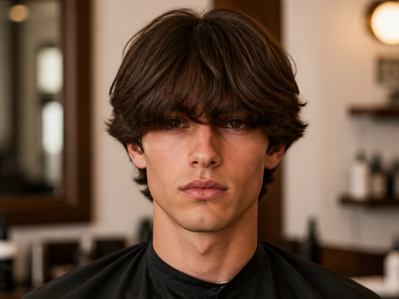 Full-density curtain bangs on a long-faced young man with thick brown hair — heavy edge-to-edge fringe with no forehead visible