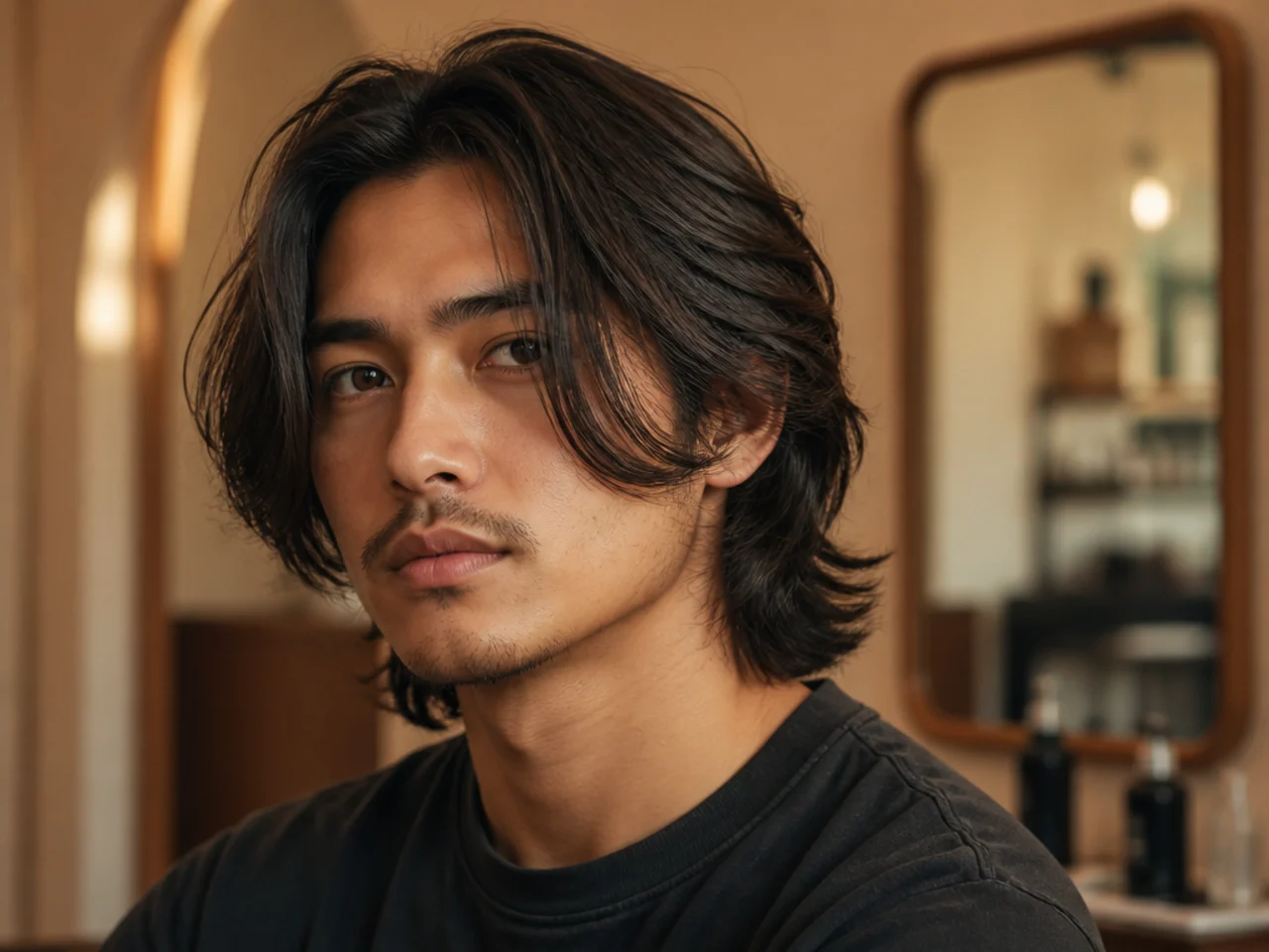 Grown-out long curtain bangs on an oval-faced young man with 5-inch center-parted fringe past the cheekbones and layered top