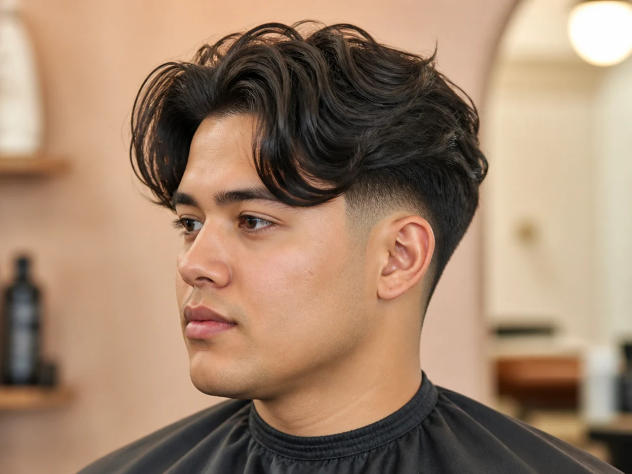High-volume curtain bangs with low taper fade on a round-faced young man — root-lifted center-parted fringe with skin fade at the sideburn