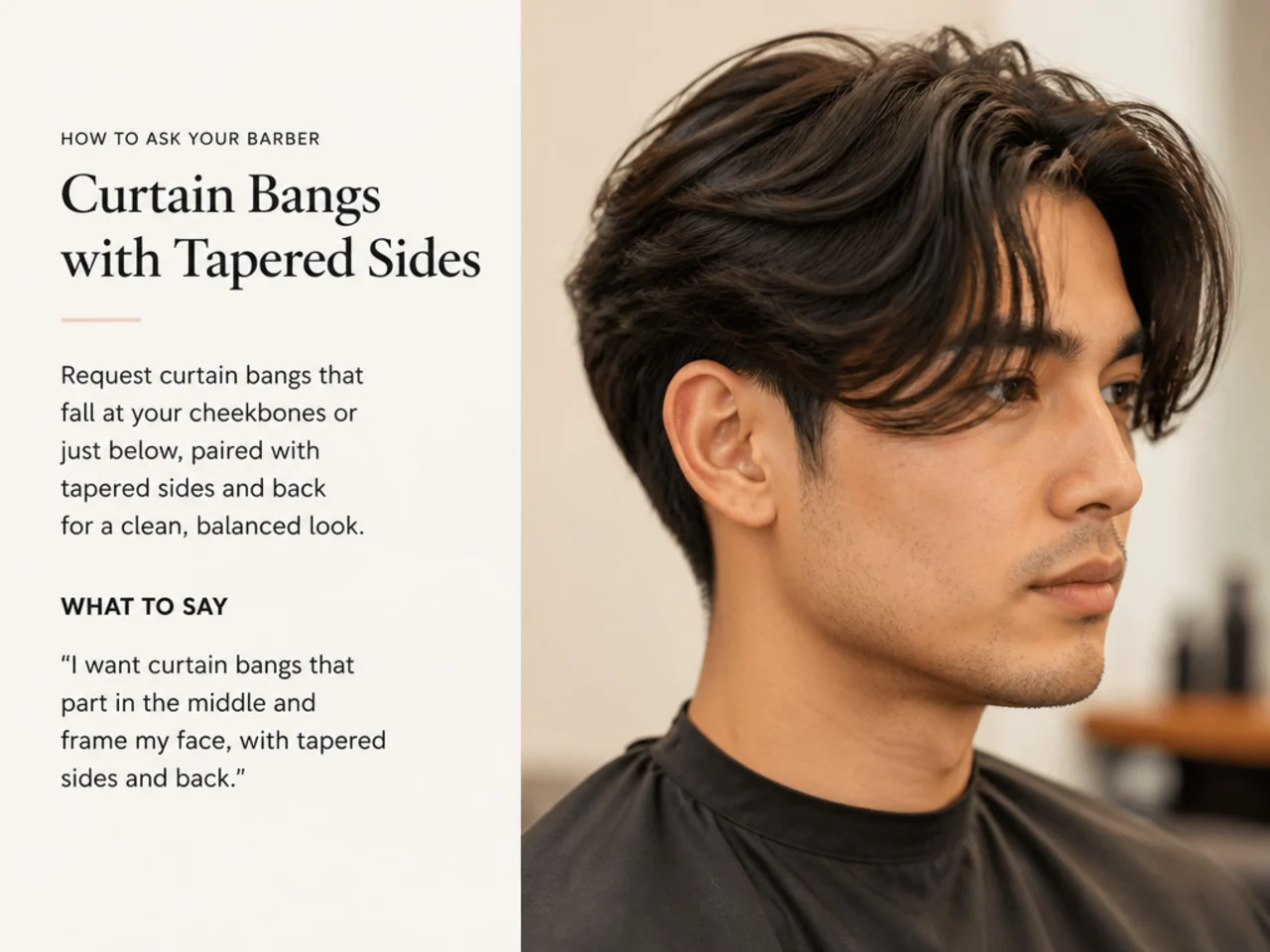 Client showing a phone reference photo of curtain bangs to a barber in a modern barbershop with warm lighting
