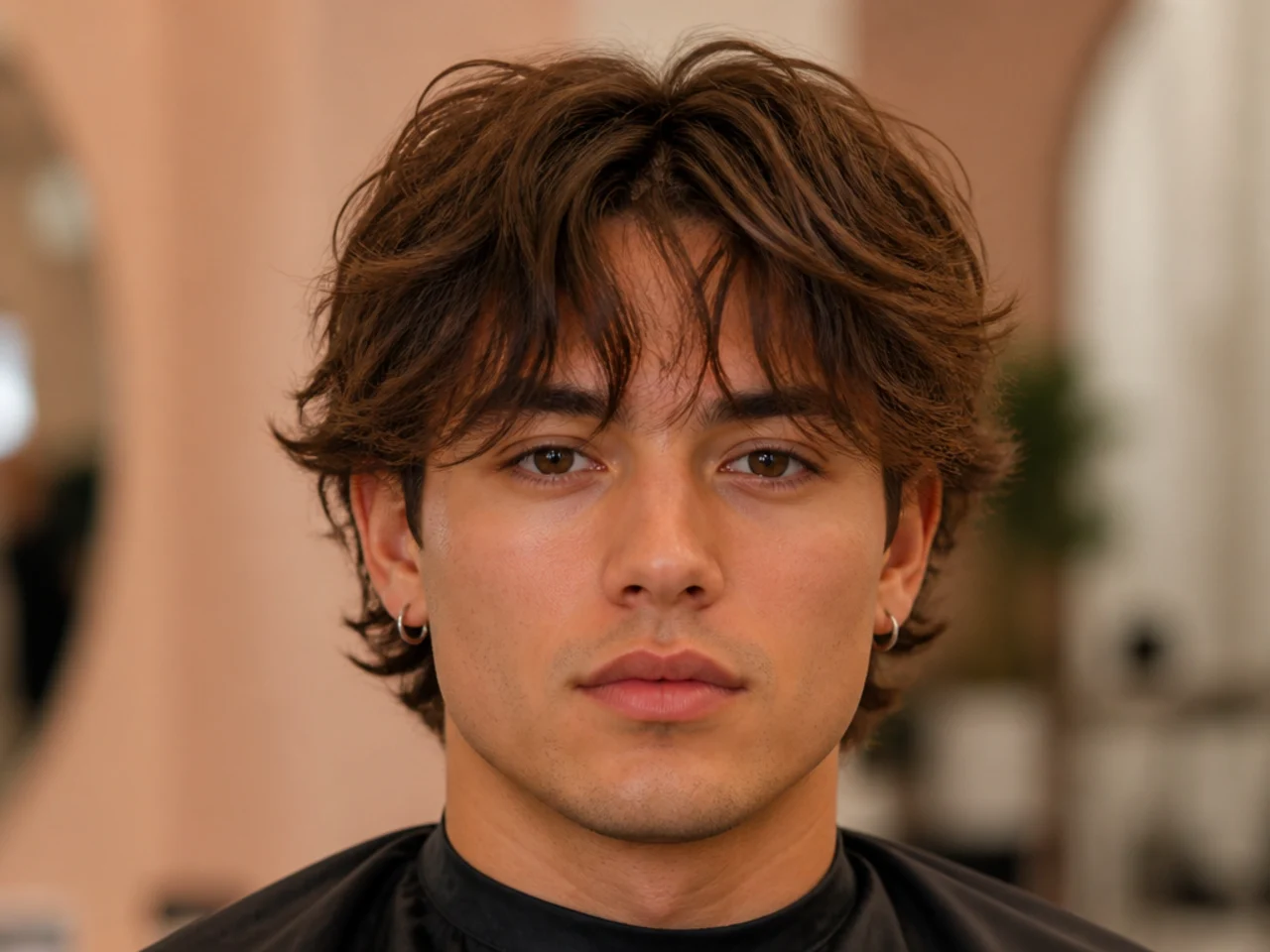 Layered piecey curtain bangs on a round-faced young man with wavy brown hair — heavy point-cut fringe pieces with matching internal layers adding vertical texture