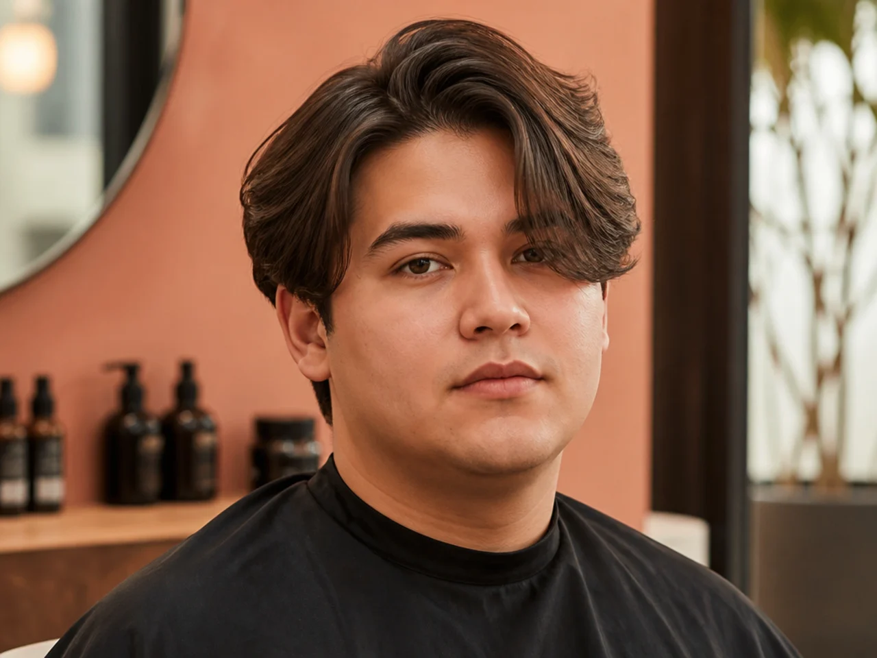 Long side-swept curtain bangs on a round-faced young man — off-center part with one panel longer sweeping diagonally across the forehead