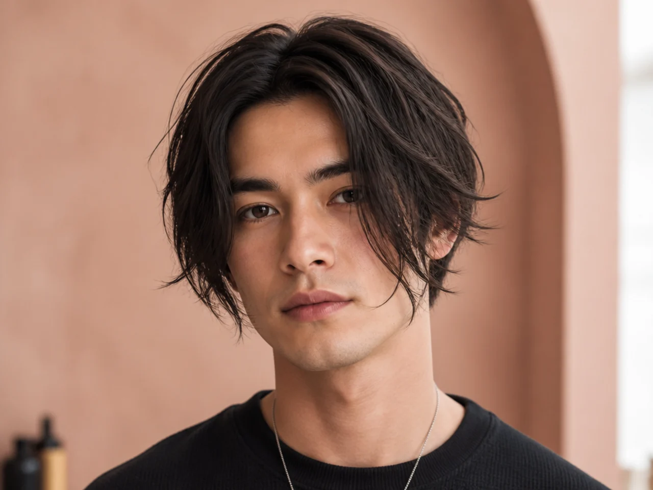 Piecey chin-length curtain bangs on a heart-faced young man — extra-long fringe reaching the jawline with defined point-cut pieces