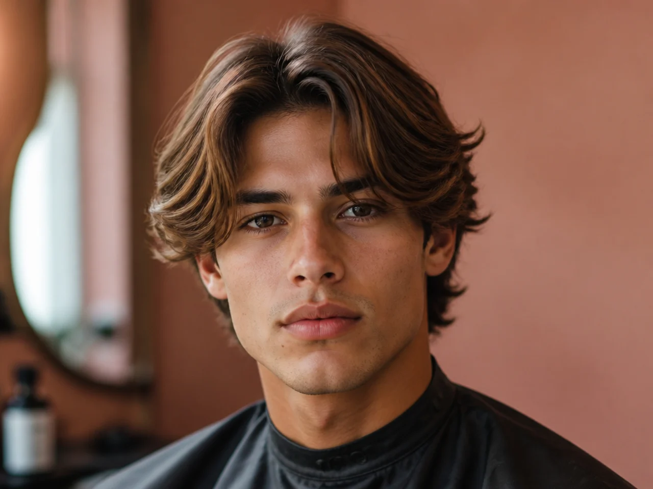 Soft-feathered curtain bangs on a square-faced young man with medium-brown hair — slide-cut layered panels grazing the cheekbones with visible feathering