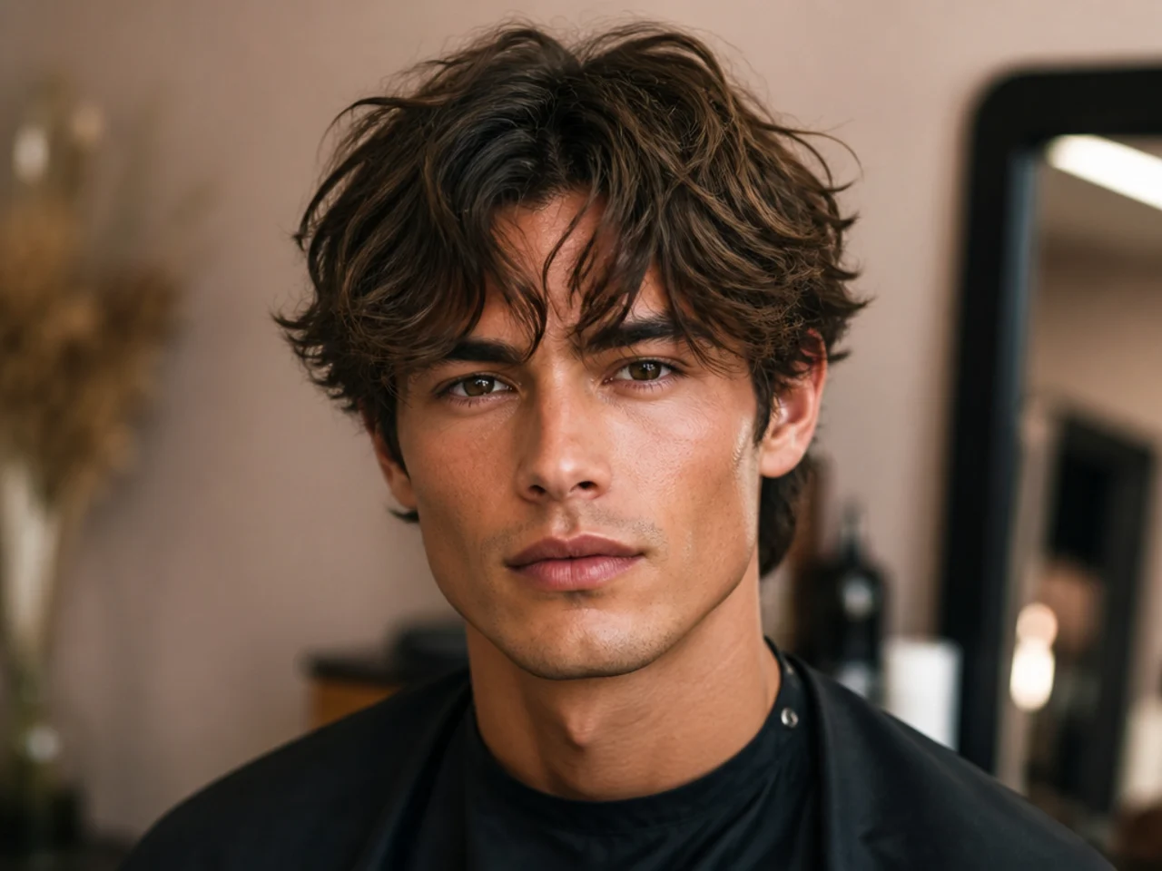 Textured choppy curtain bangs on a square-faced young man with wavy medium-brown hair — heavily point-cut fringe pieces matched by choppy top layers