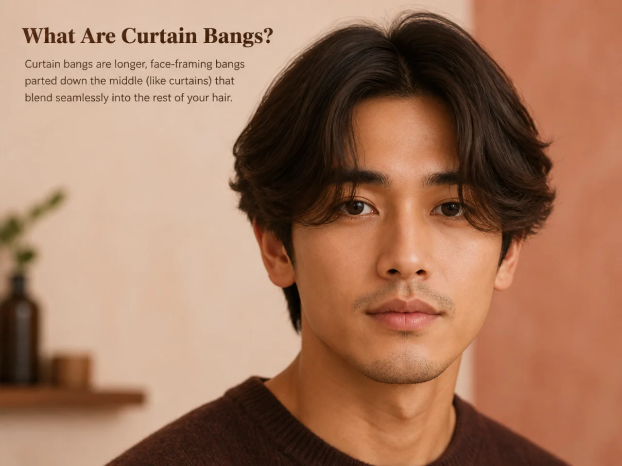 Young man with classic curtain bangs — a four-inch center-parted fringe falling in two soft panels either side of the forehead over a scissor-cut top