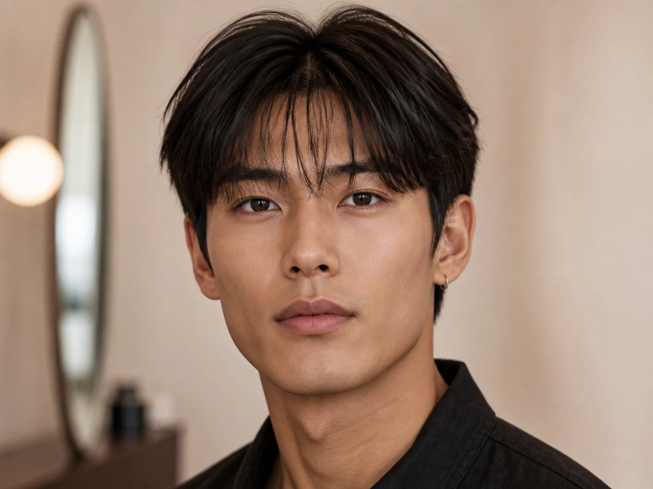 Wispy razor-cut curtain bangs on a square-faced young man with fine straight hair — thin airy panels with visible forehead between strands