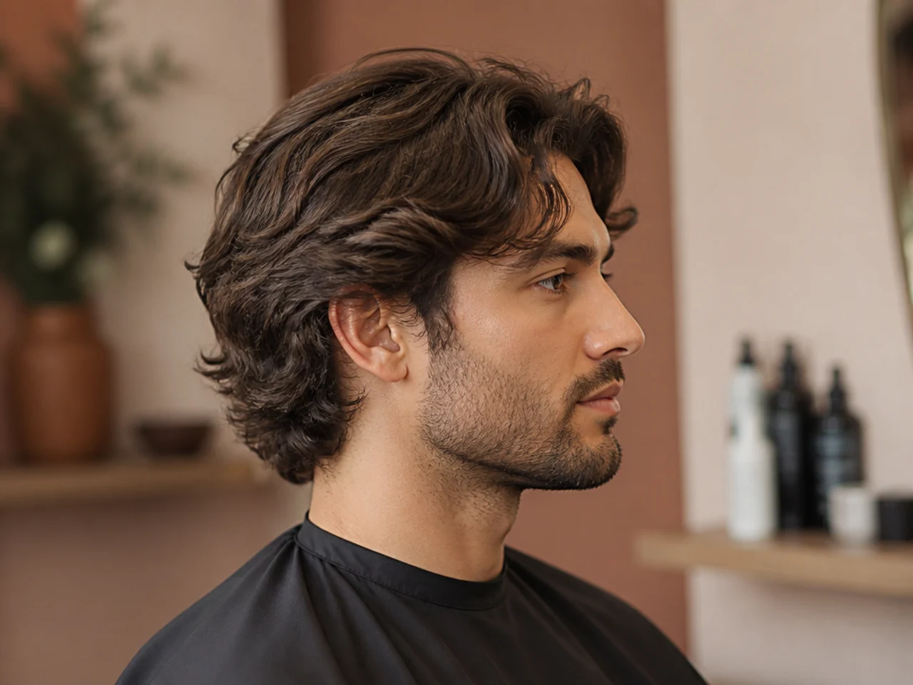 Barber cleaning up a medium length haircut with scissors during a six week maintenance visit