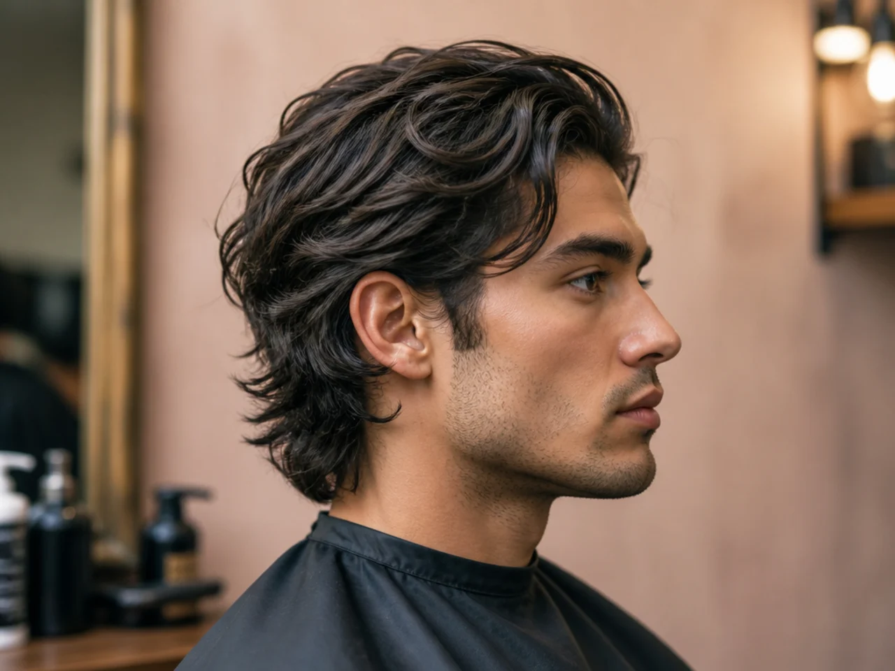Barber scissor-cutting internal layers into a medium length mens cut in a barbershop chair