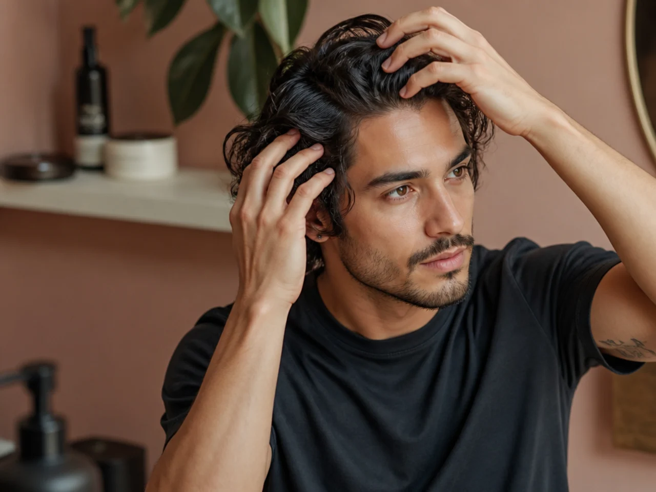 Man misting sea salt spray onto damp medium length hair before applying clay