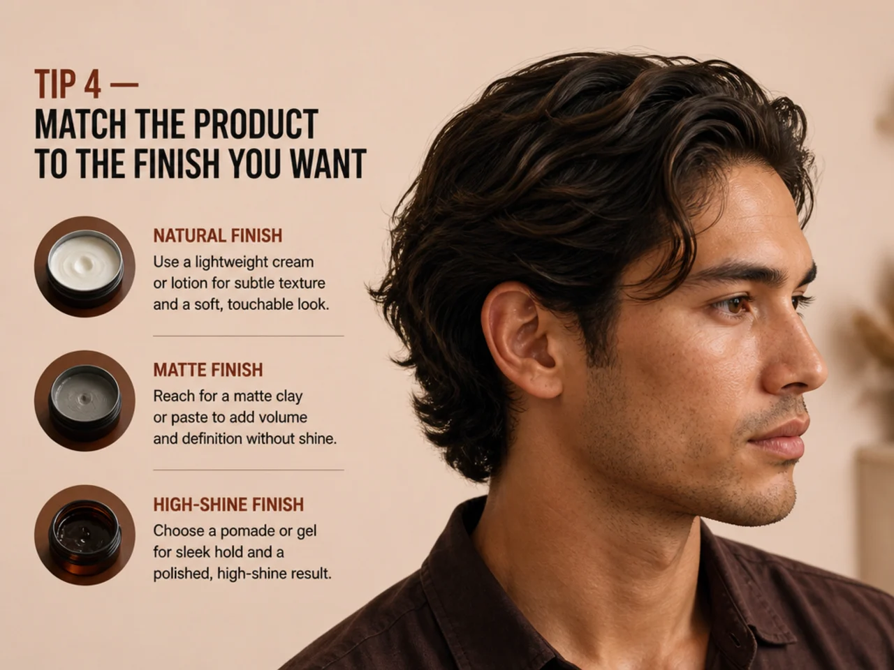 Three medium length styling products lined up — matte clay, water based pomade and light cream — with finish comparisons behind each