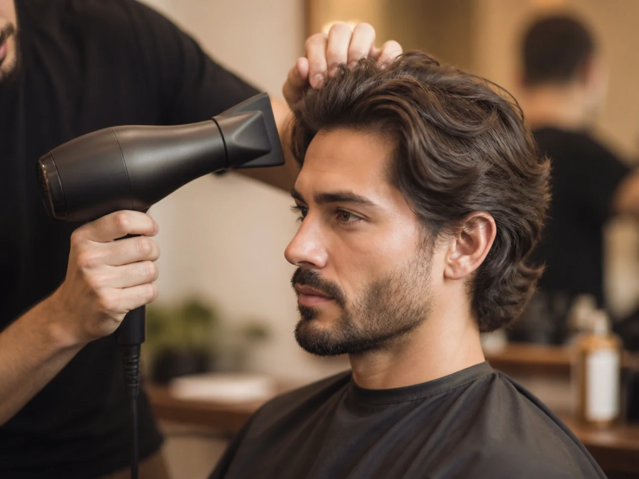 Man blow-drying medium length hair back with a round brush pointing airflow along the shaft for a directional finish