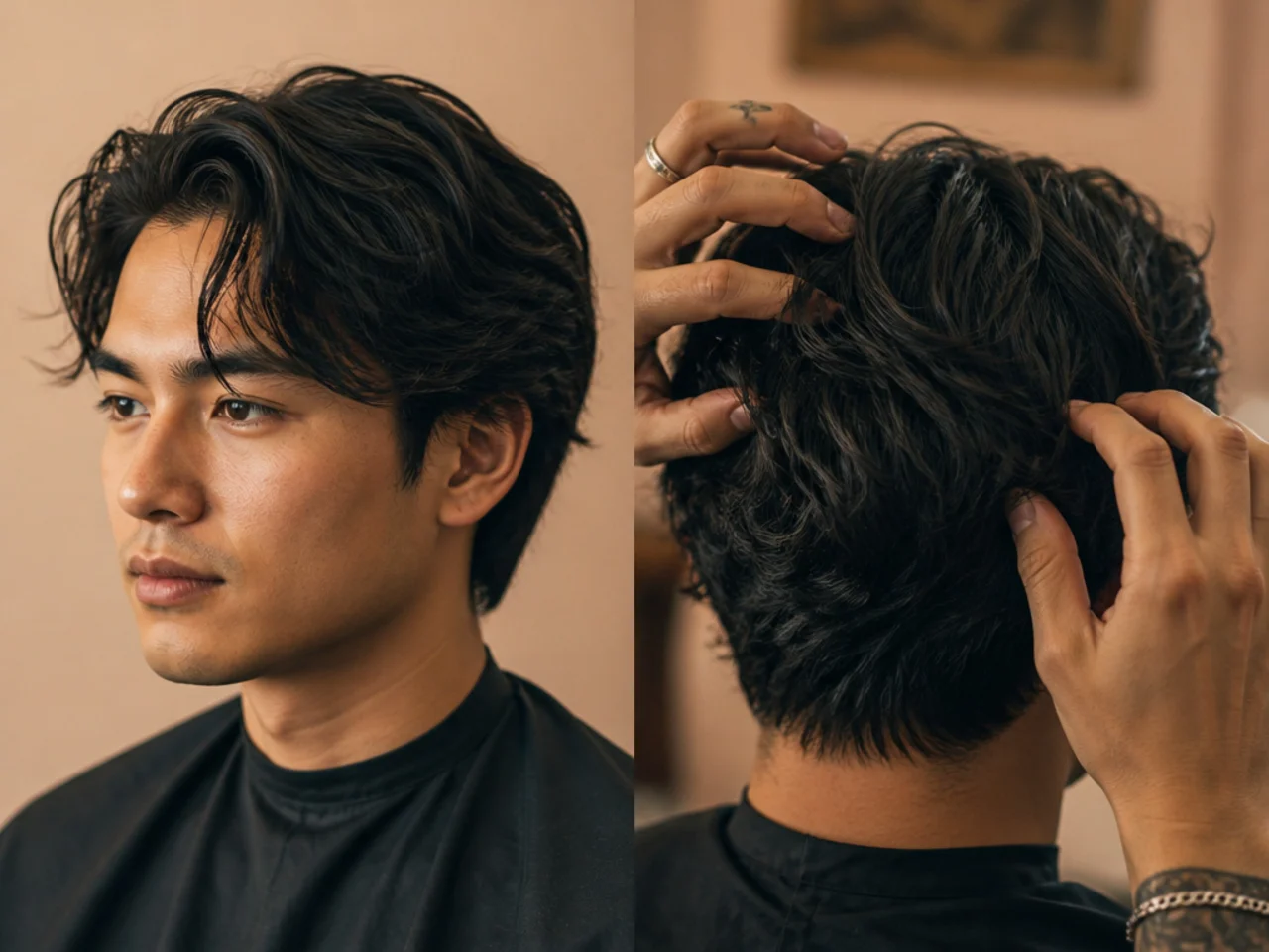 Man finger-finishing a medium length brush back with a fingertip of cream and no comb after styling