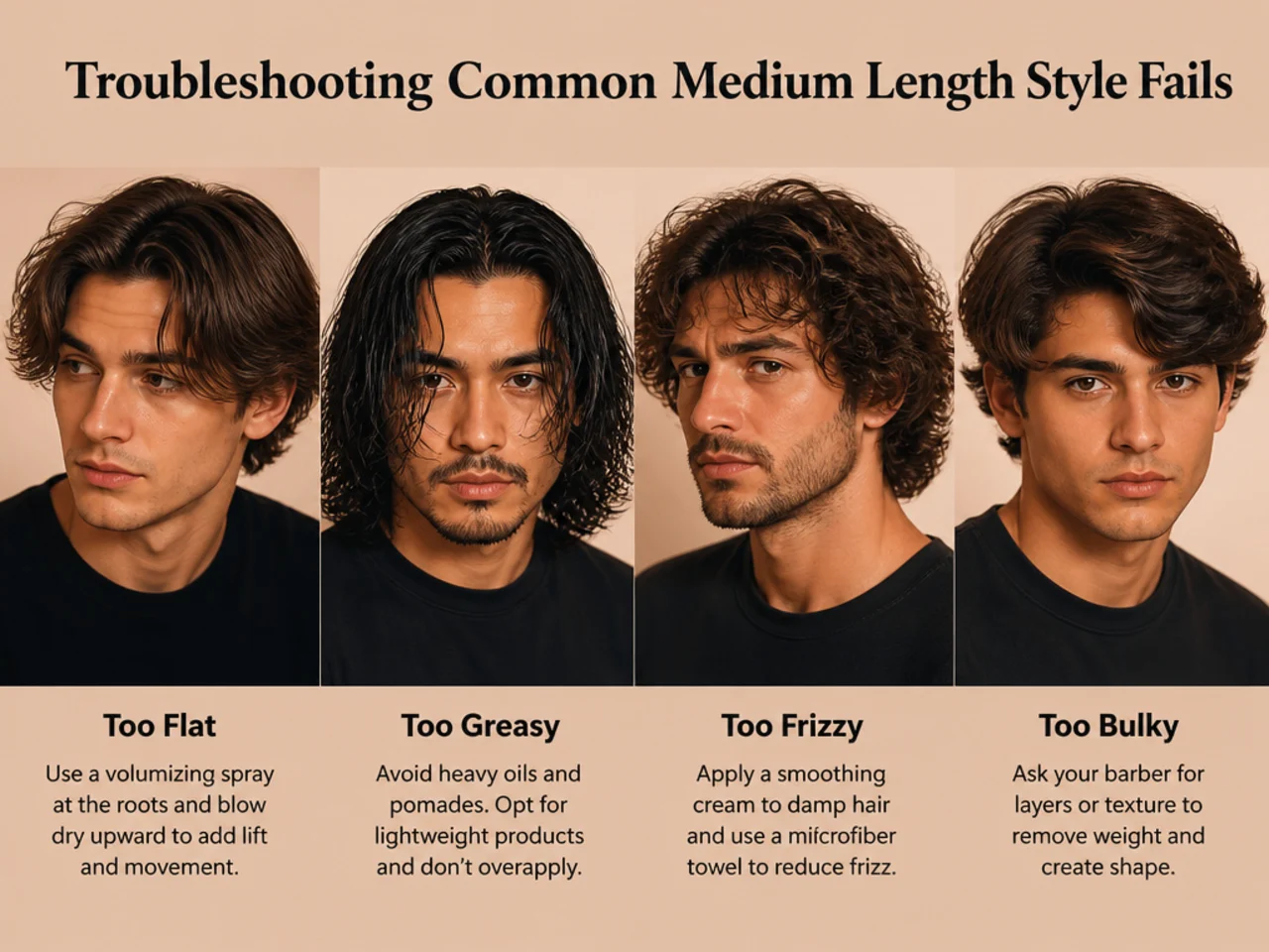 Split reference showing four medium length styling problems — flat crown, greasy roots, crunchy hold and lost shape by afternoon