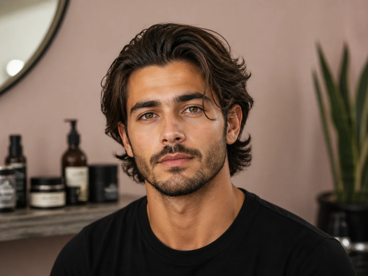 Three medium length hair products — matte clay, water based pomade and light cream — labeled by finish