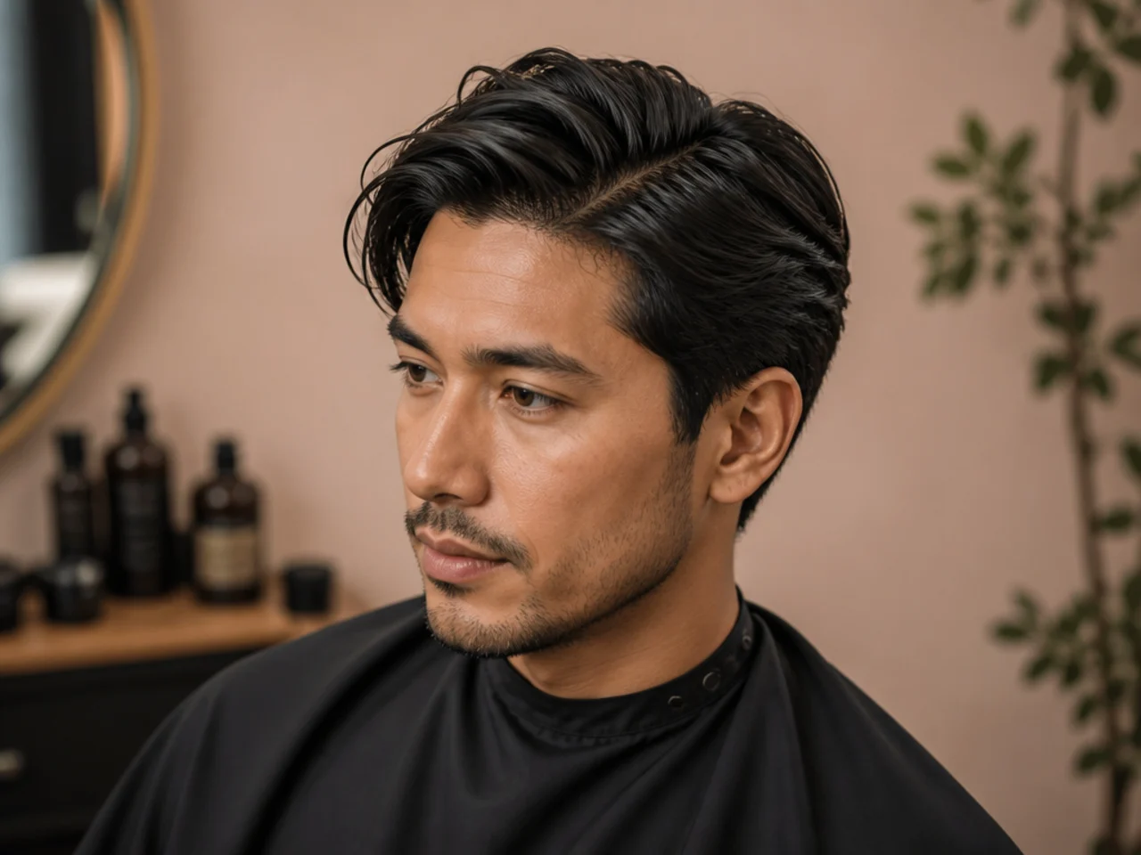 Overhead close-up of a rat-tail comb dragging a straight middle part from the front hairline to the crown of a male client