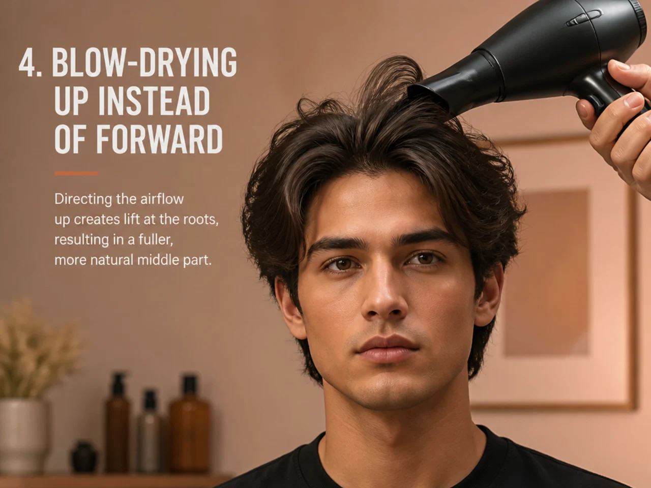 Male client tipping his head forward under a blow-dryer with a nozzle attachment aimed down the hair shaft