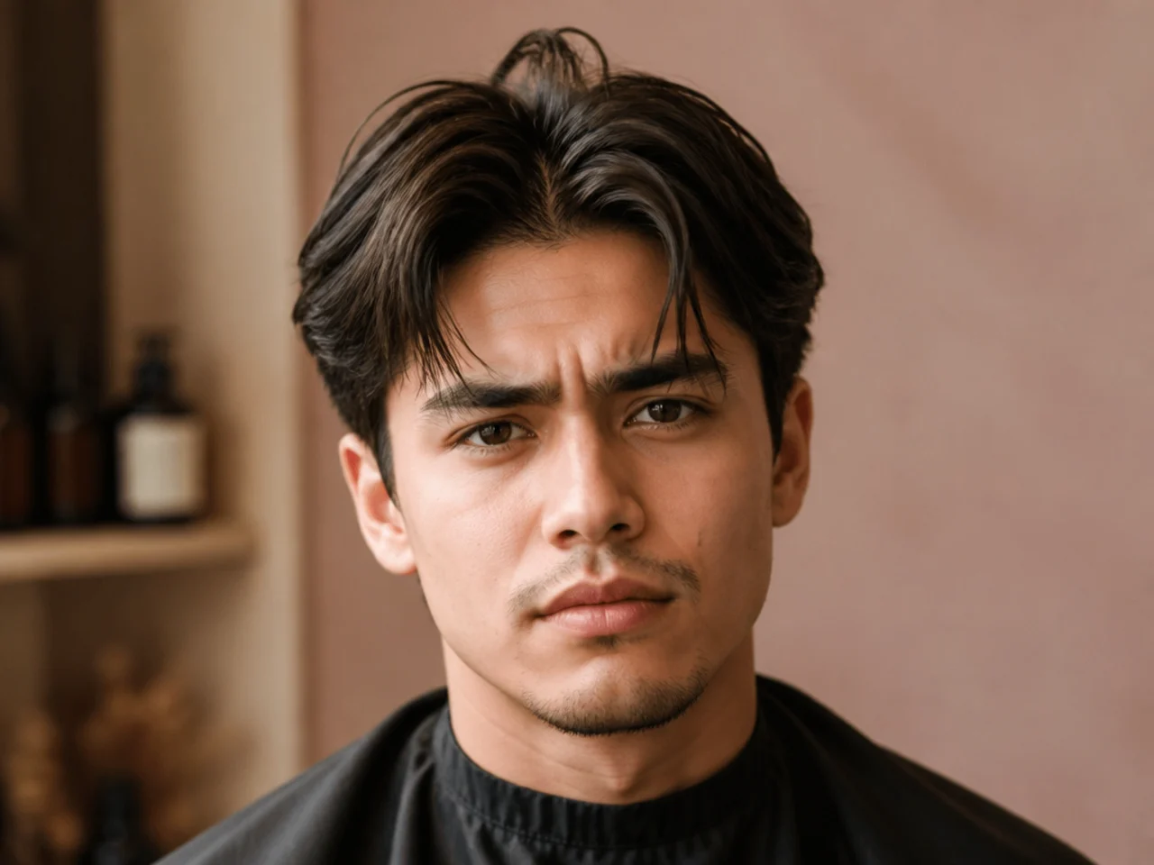 Close-up of a stylist's fingers pinning down a cowlick at the crown of a male client's head with a blow-dryer and matte product on the counter