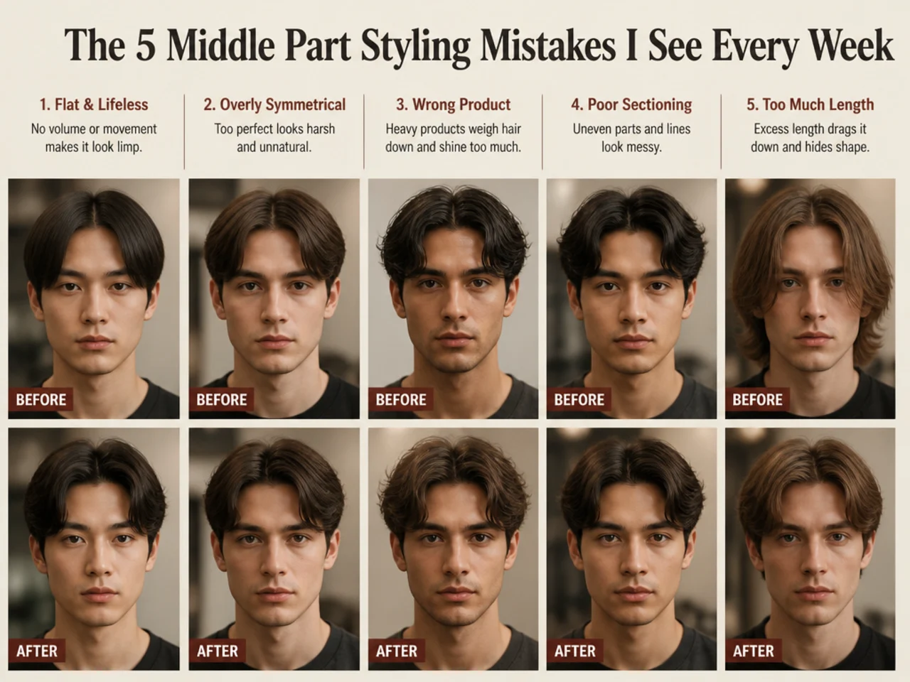 Grid of five side-by-side portraits showing common middle part styling issues before and after a stylist correction