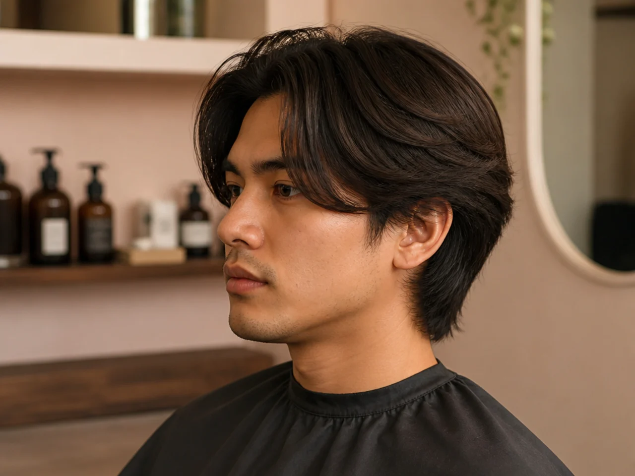 Male client checking a clean middle part in a bathroom mirror after running the morning routine