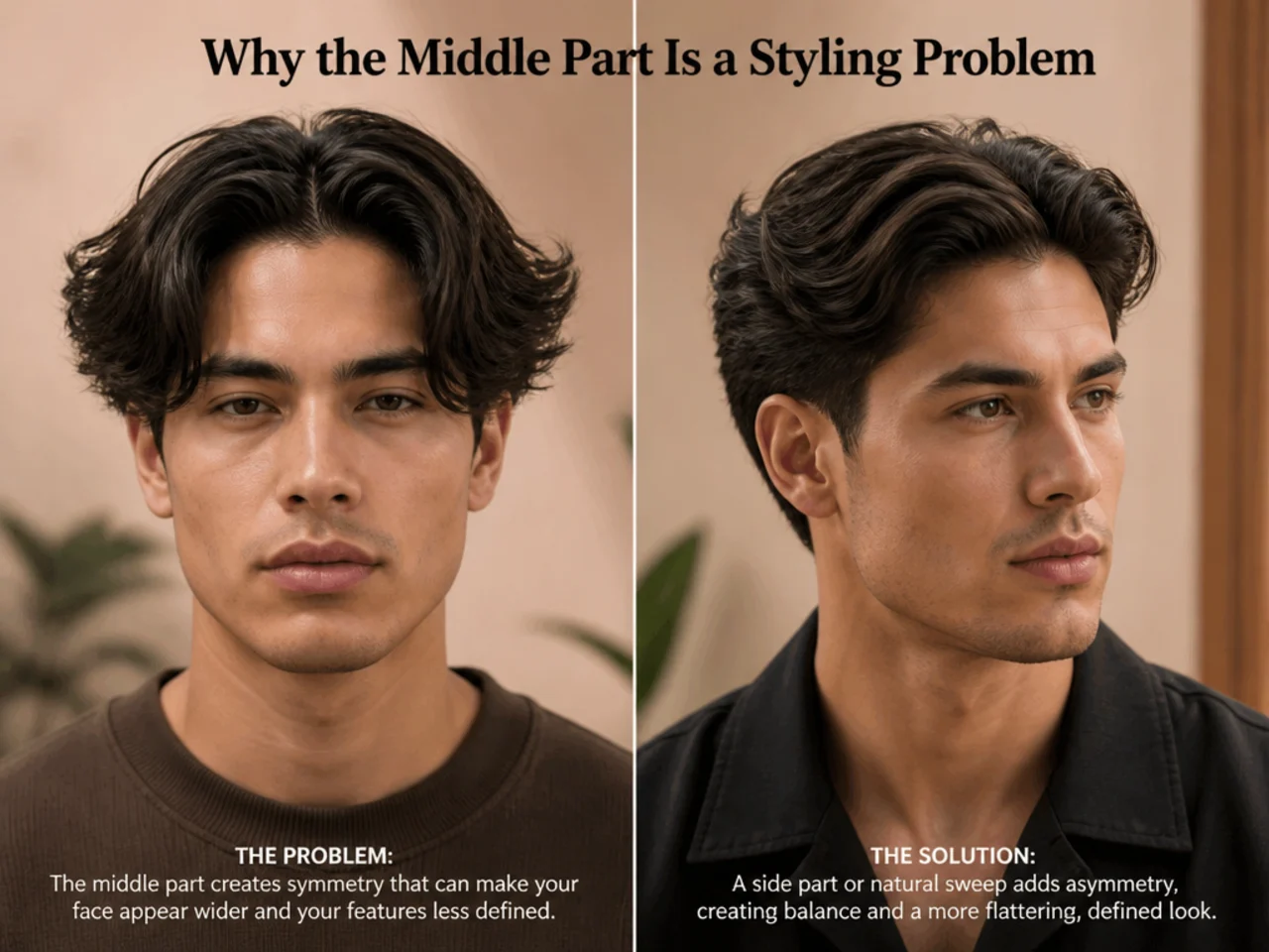 Stylist standing behind a seated male client demonstrating a middle part being combed straight down the center of the scalp