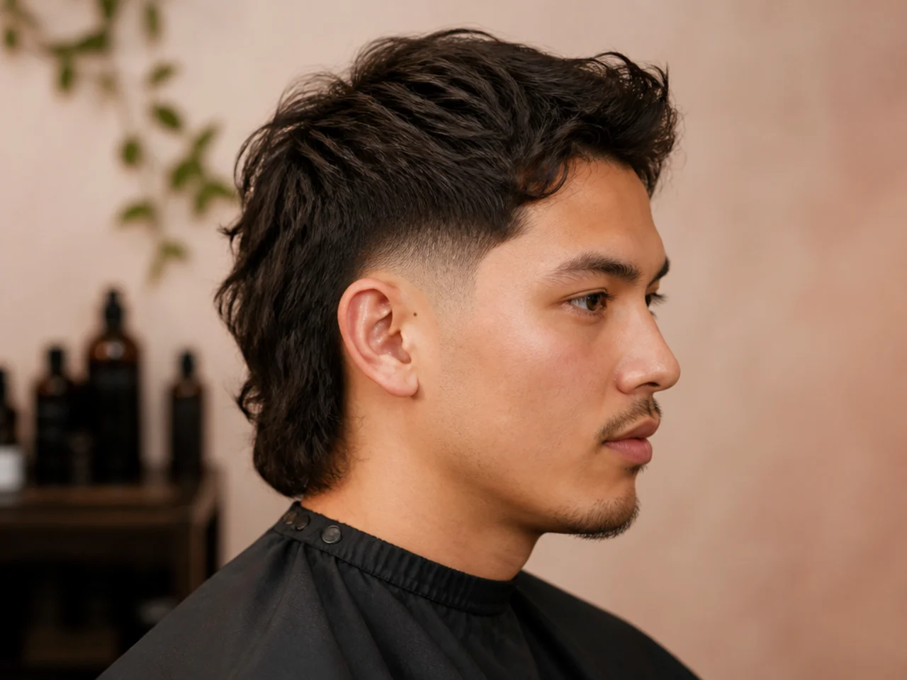 Temple fade mullet with a sharp razor arc at the temple and textured layered back