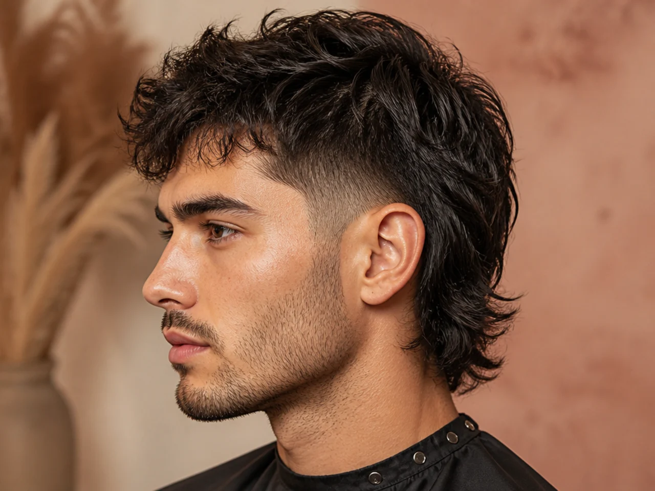 Textured mullet fade with piecey point-cut top and mid fade sides