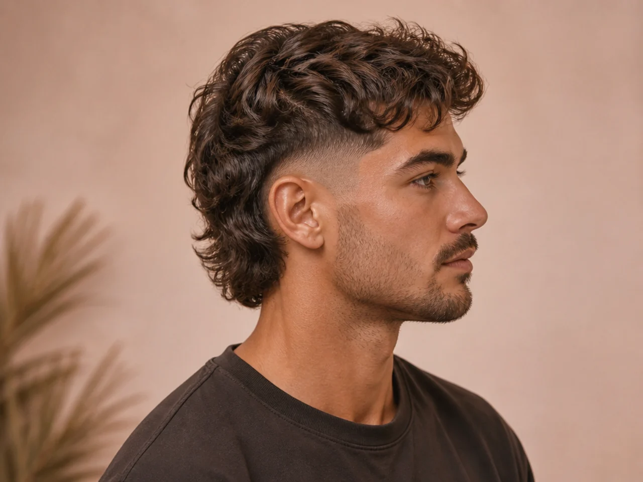 Wavy mullet fade on a man with type 2 waves flowing through the back and mid fade sides