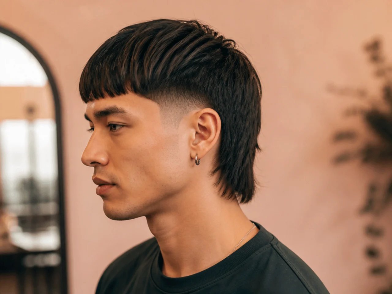 Straight mullet fade on a man with a clean-lined layered top and mid fade