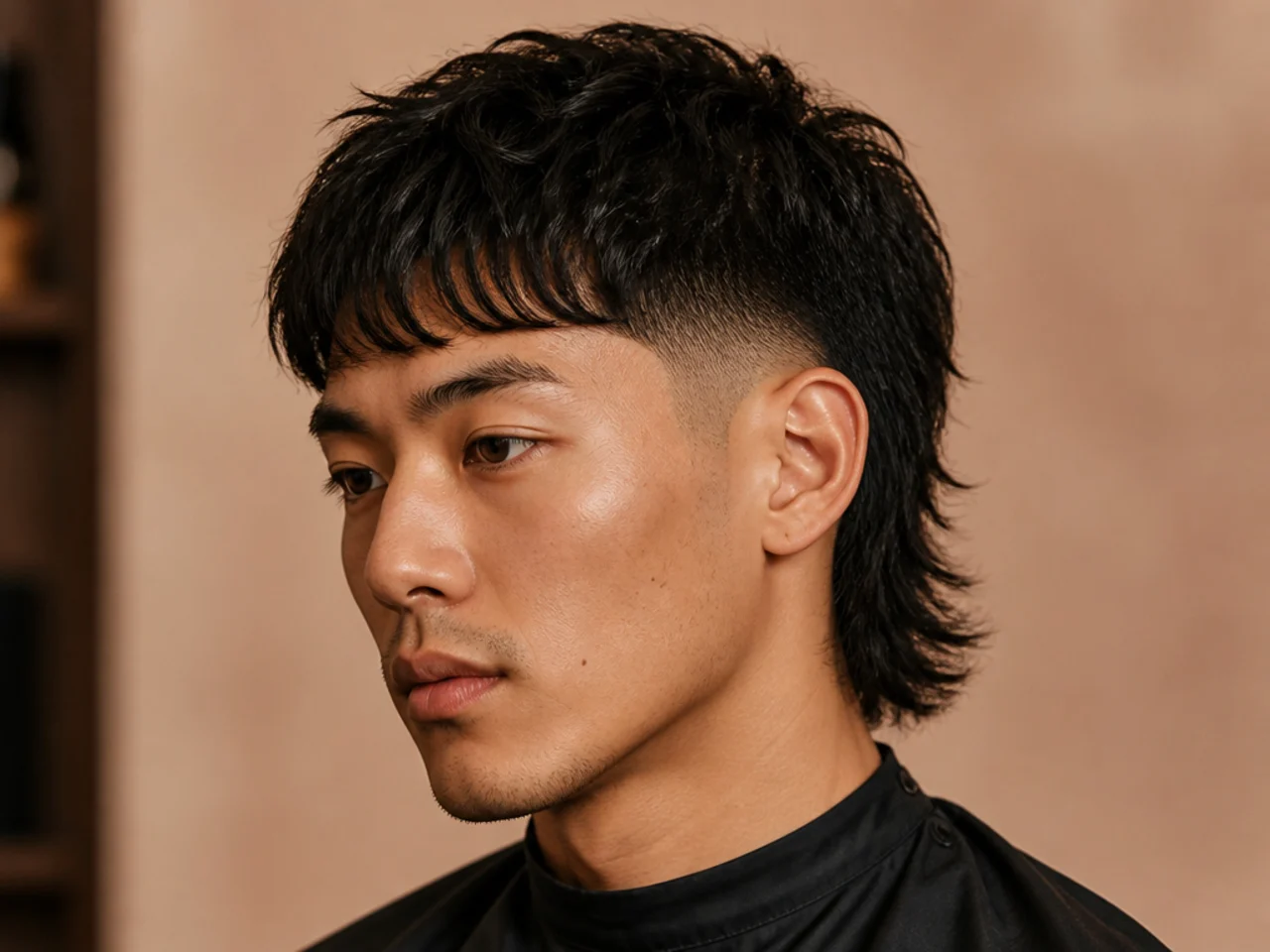 Fringe mullet fade with a heavy forward fringe over the brow and low fade sides