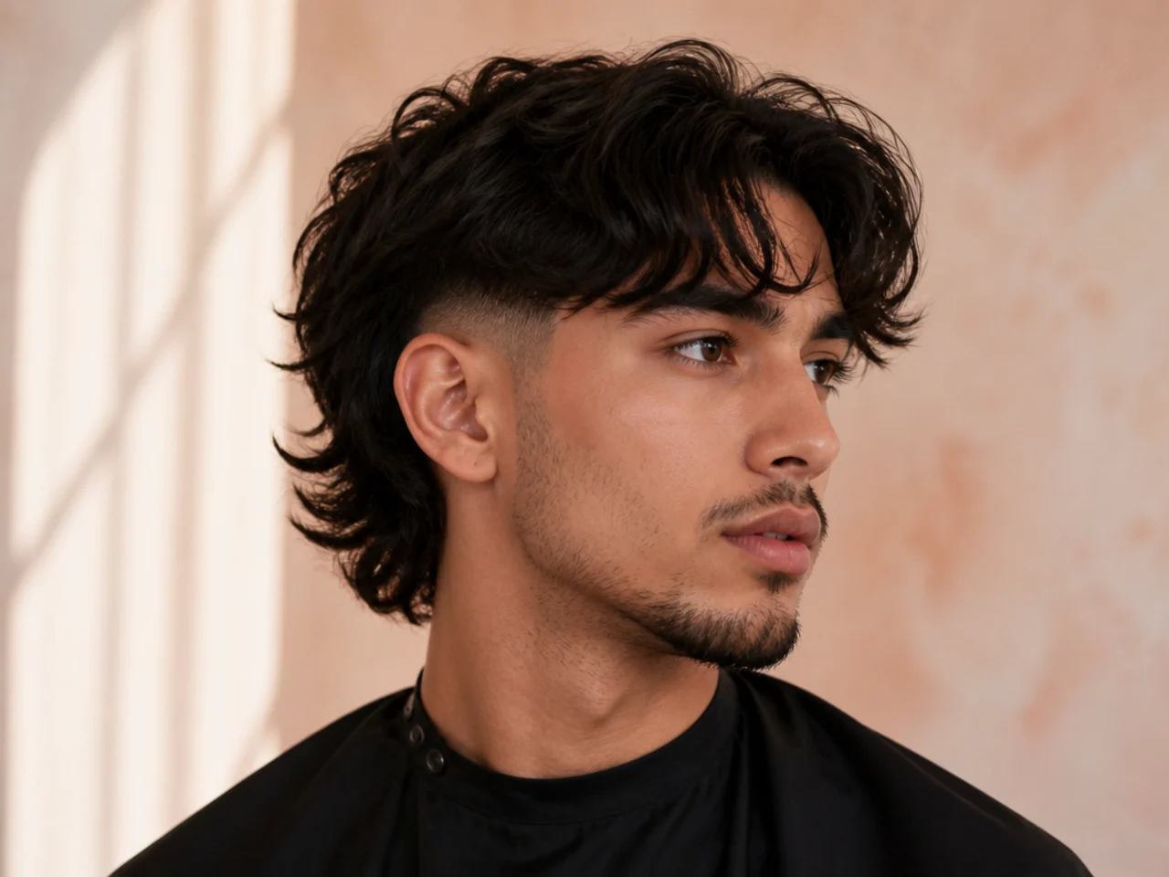Curtain-bangs mullet fade with center-parted fringe and mid fade sides