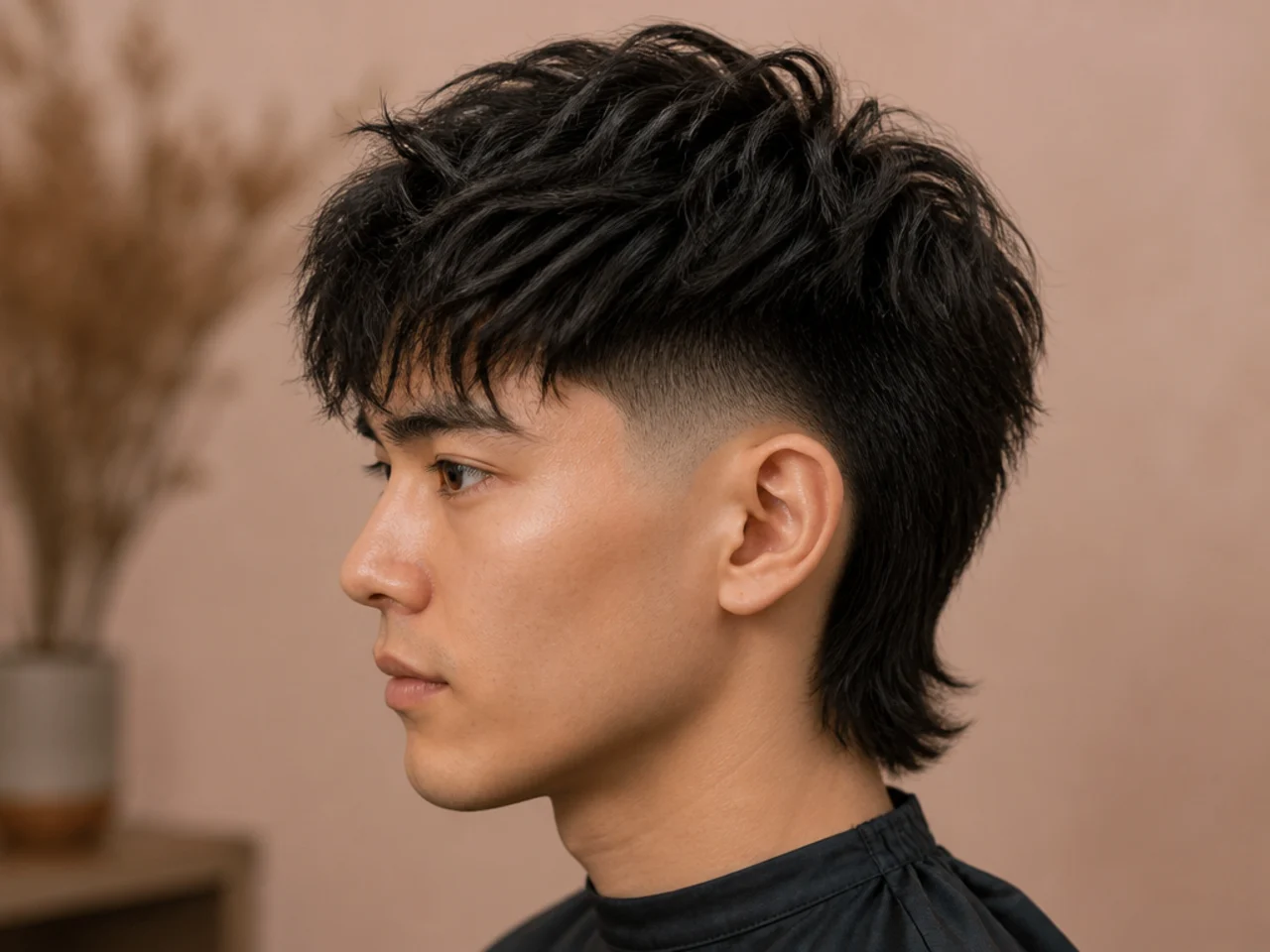 Two-block mullet fade on an Asian man with dense top mass and hard-edged fade