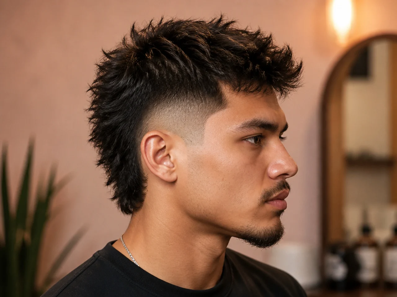 Spiky mullet fade with vertical textured top and low fade around the ear