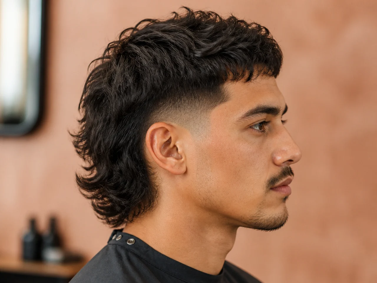 Mid fade mullet on a man with a textured top, mid fade at the temple, and layered back