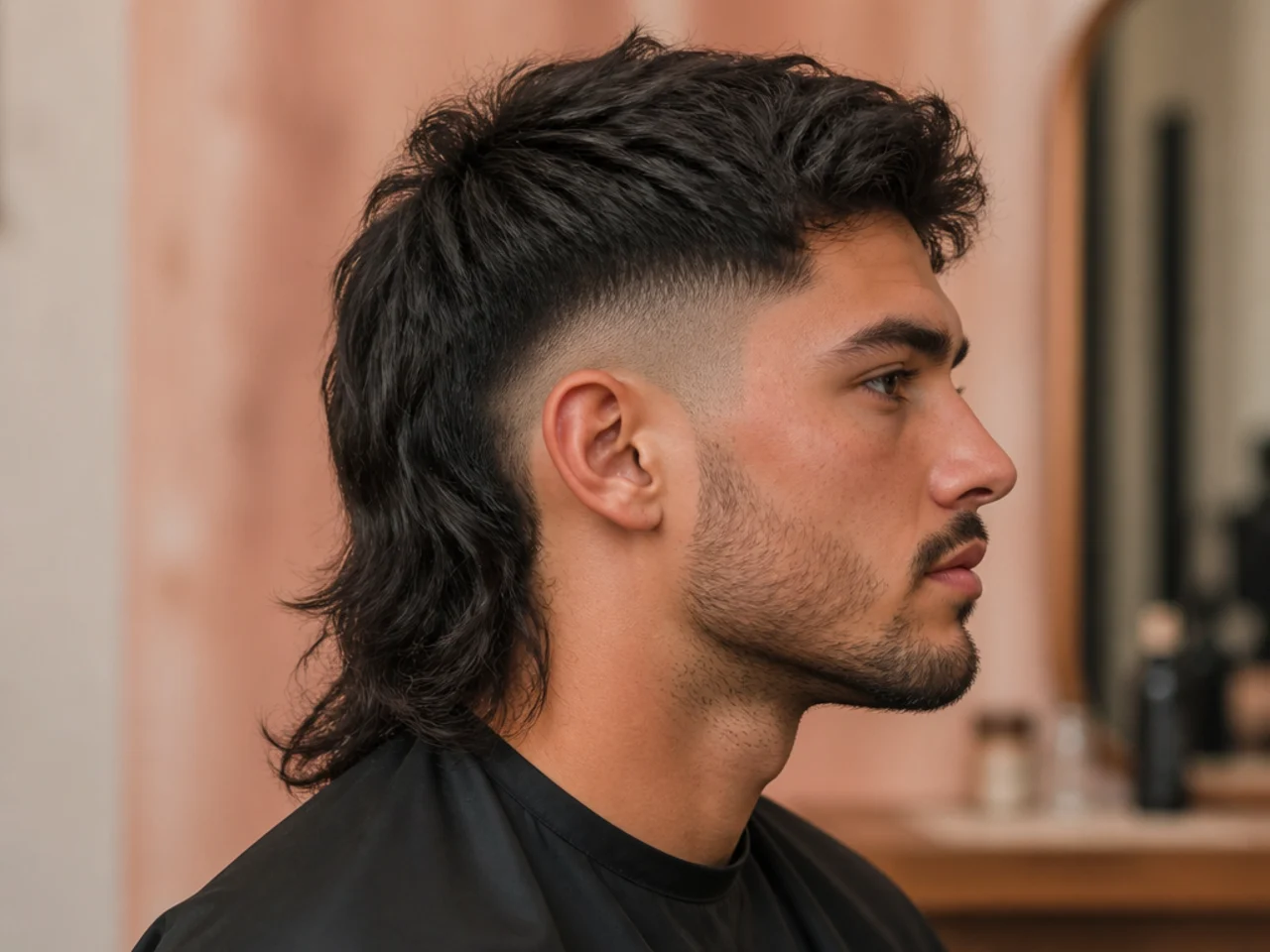 Long mullet fade with four-inch swinging back length and low fade sides