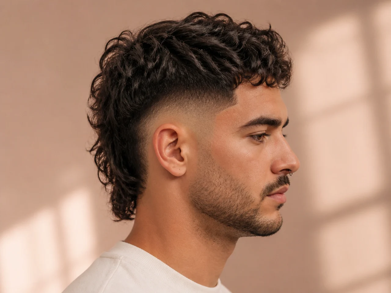 High fade mullet with a bold statement fade climbing toward the crown and thick textured top