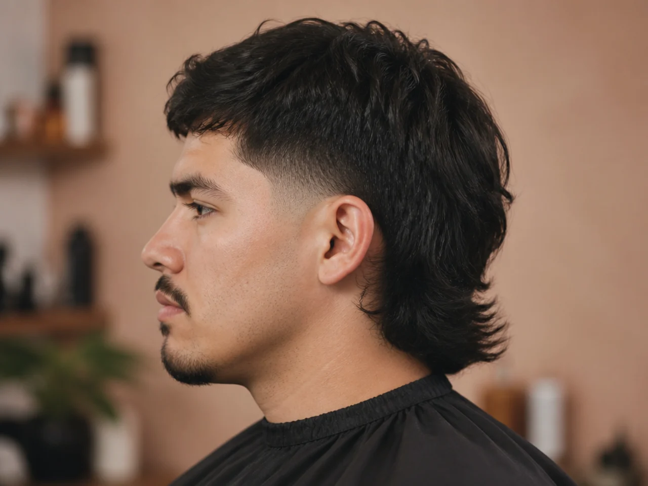 Low taper fade mullet with soft sideburn taper and layered back length