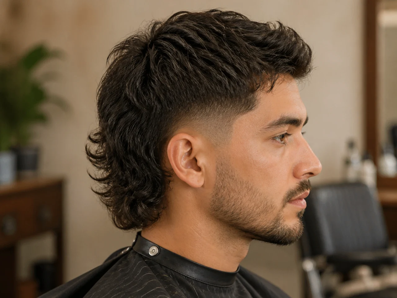 Mid taper fade mullet with softer full-side taper and textured back