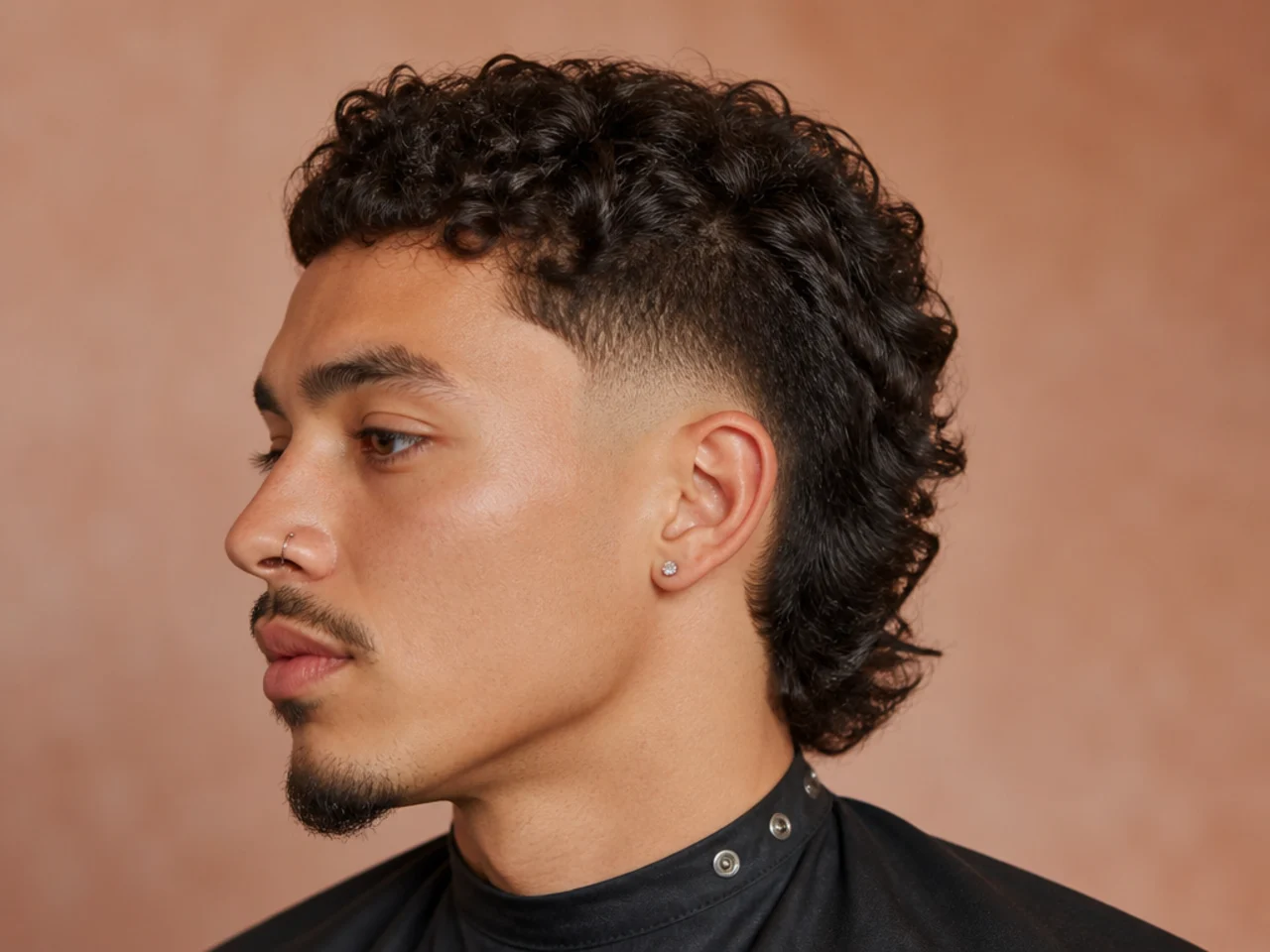 Burst fade mullet with a semicircle fade around the ear and length preserved behind it