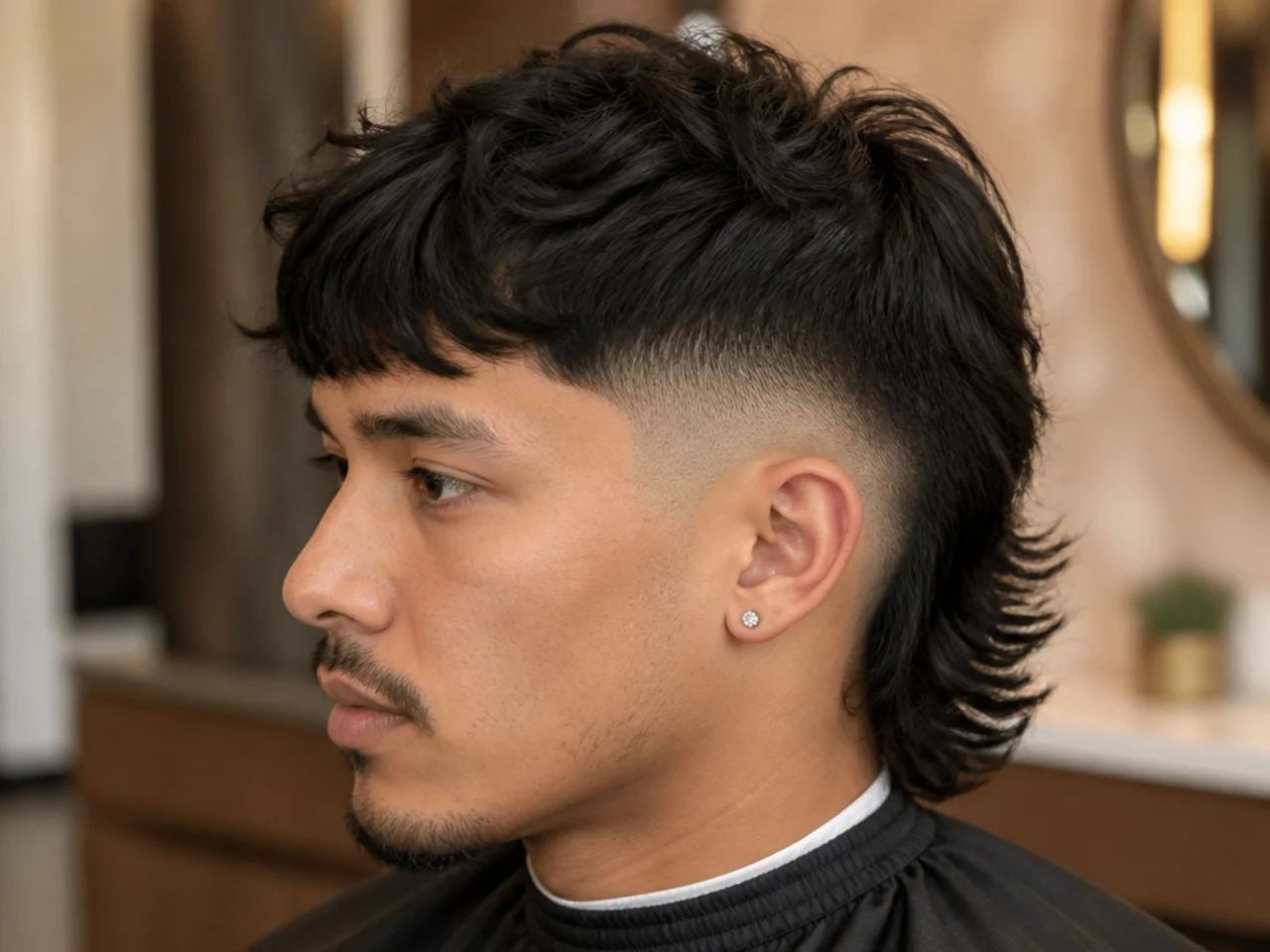 Drop fade mullet with a curving hairline dropping behind the ear and long textured back