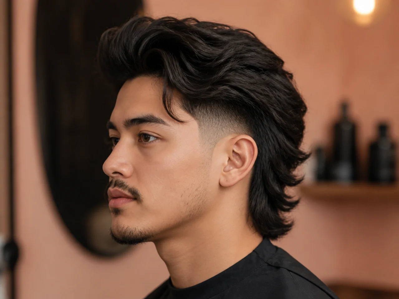Blowout taper mullet with voluminous curly top and low taper on the sides