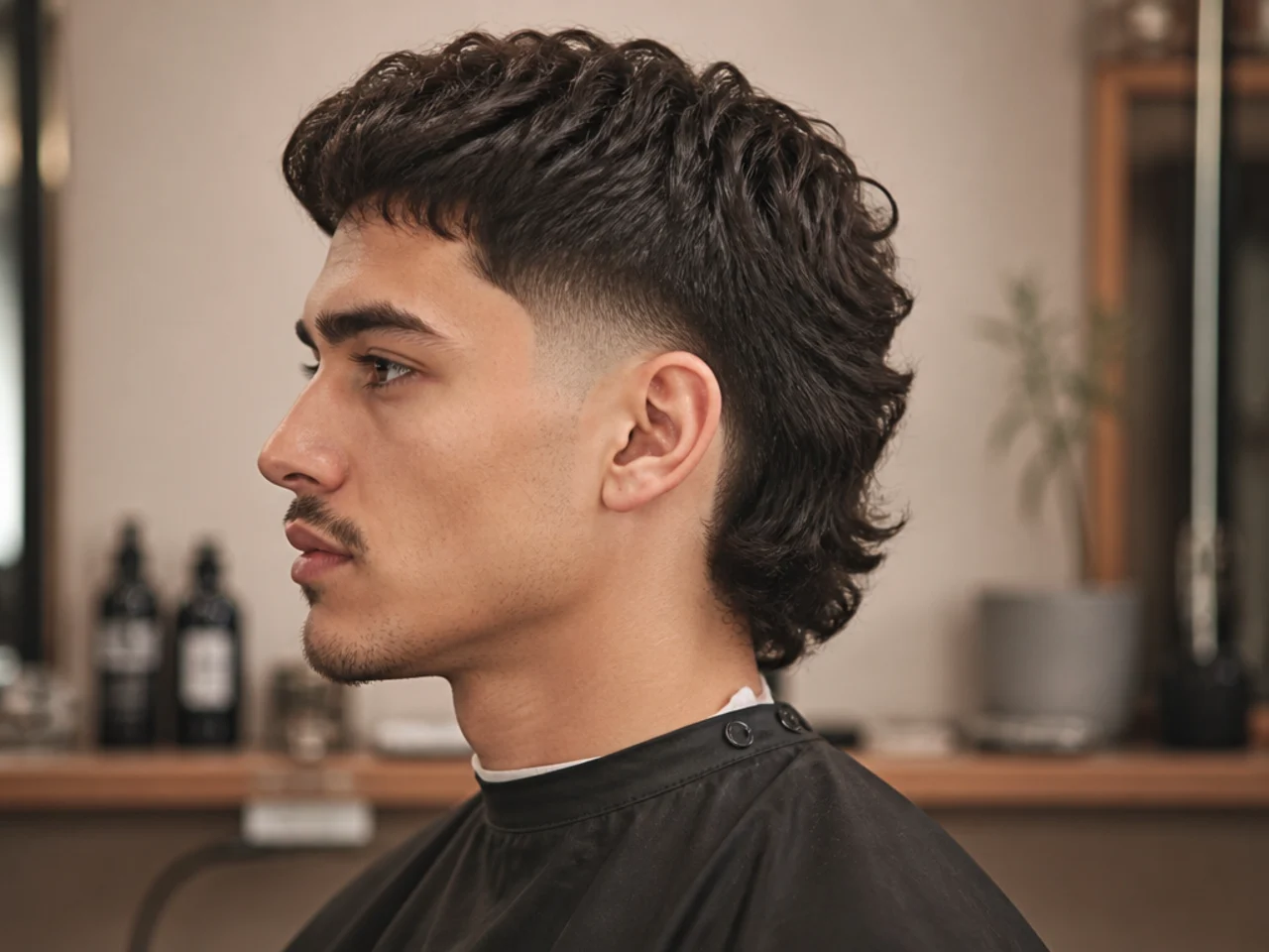 Barber discussing mullet fade reference photos with a young client in a modern barbershop