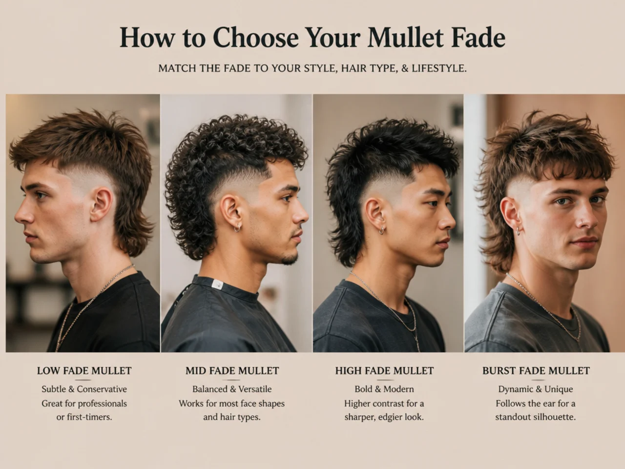 Side-by-side triptych of low, mid, and high mullet fade variations on three men in a barbershop