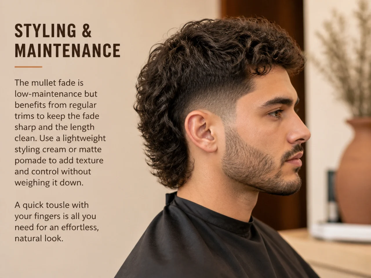 Styling products for a mullet fade — matte clay, sea-salt spray, blow dryer, wide-tooth comb